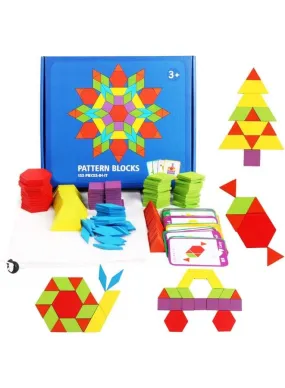 155 Pcs Wooden Pattern Blocks Set Geometric Shape Puzzles Preschool Learning Toy STEM Gift for Kids - Kindergarten Educational Montessori Tangram Toys for Boys & Girls with 24 Pcs Design Cards