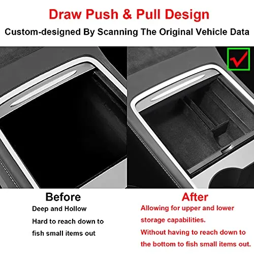 5PCS Center Console Wrap Organizer Tray For 2021 Tesla Model 3 Model Y Flocked Organizer Carbon Fiber Center Console Sticker Armrest Hidden Cubby Drawer Storage Box ABS Material Custom Fit Upgrade