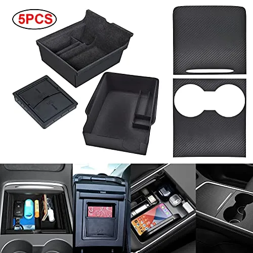 5PCS Center Console Wrap Organizer Tray For 2021 Tesla Model 3 Model Y Flocked Organizer Carbon Fiber Center Console Sticker Armrest Hidden Cubby Drawer Storage Box ABS Material Custom Fit Upgrade