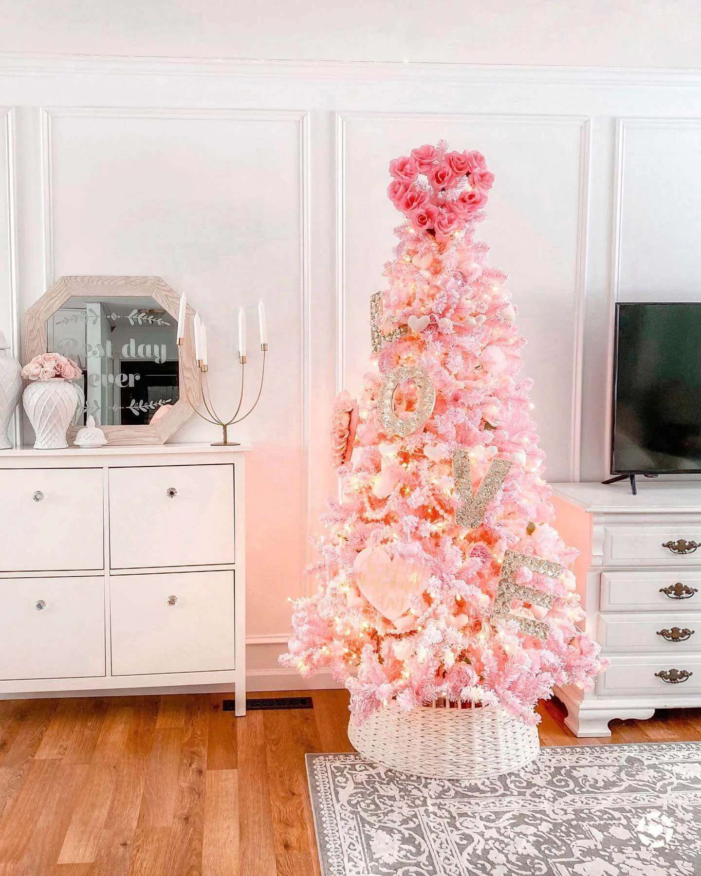 7.5' Duchess Pink Flock Artificial Christmas Tree with 600 Warm White LED Lights