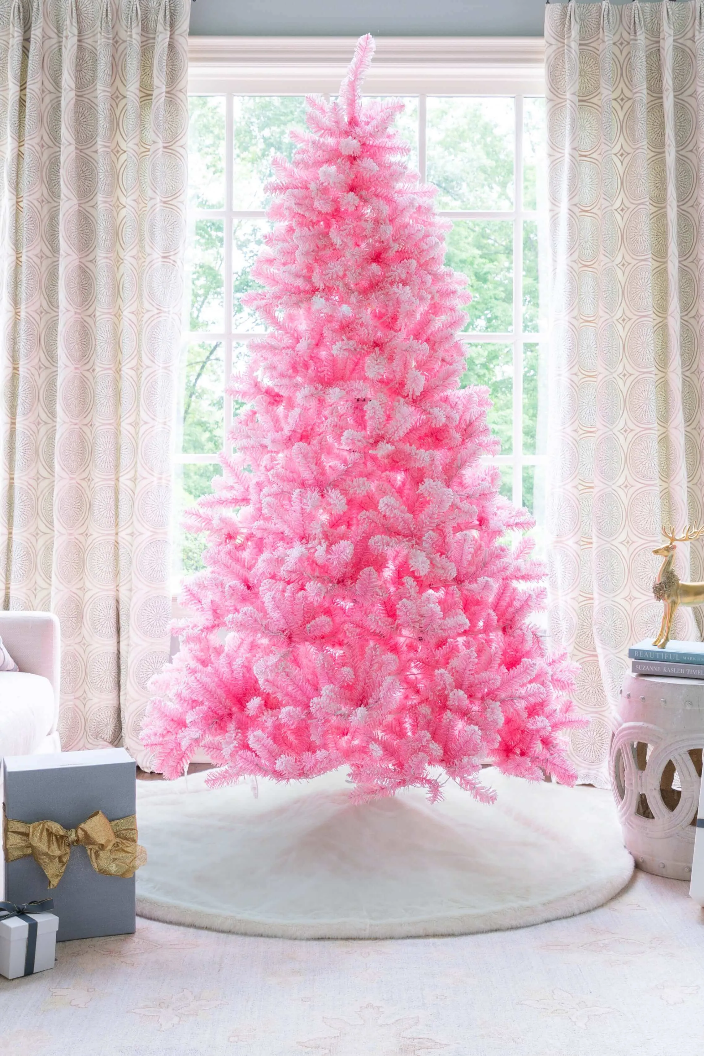 7.5' Duchess Pink Flock Artificial Christmas Tree with 600 Warm White LED Lights