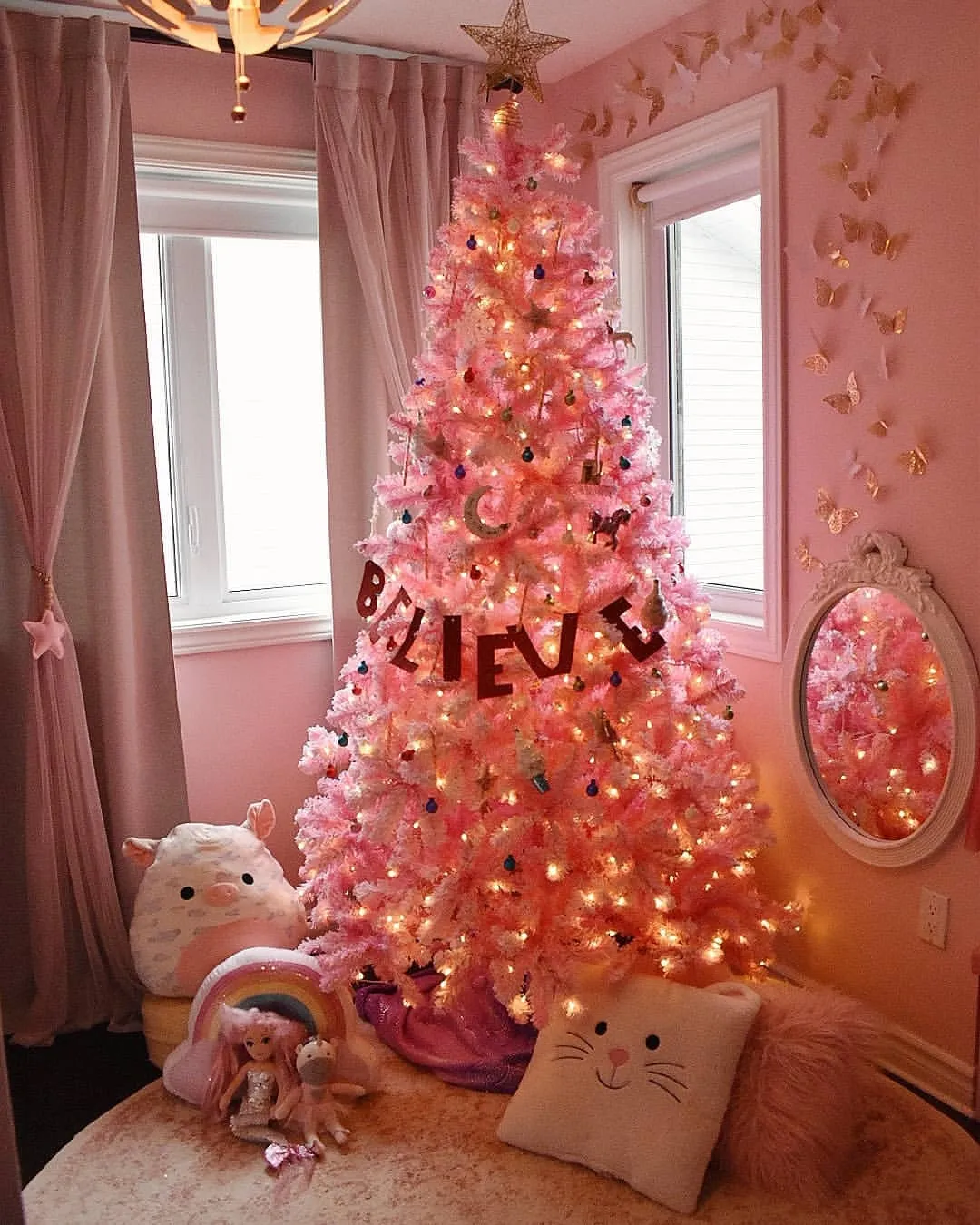 7.5' Duchess Pink Flock Artificial Christmas Tree with 600 Warm White LED Lights