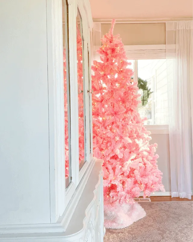 7.5' Duchess Pink Flock Artificial Christmas Tree with 600 Warm White LED Lights