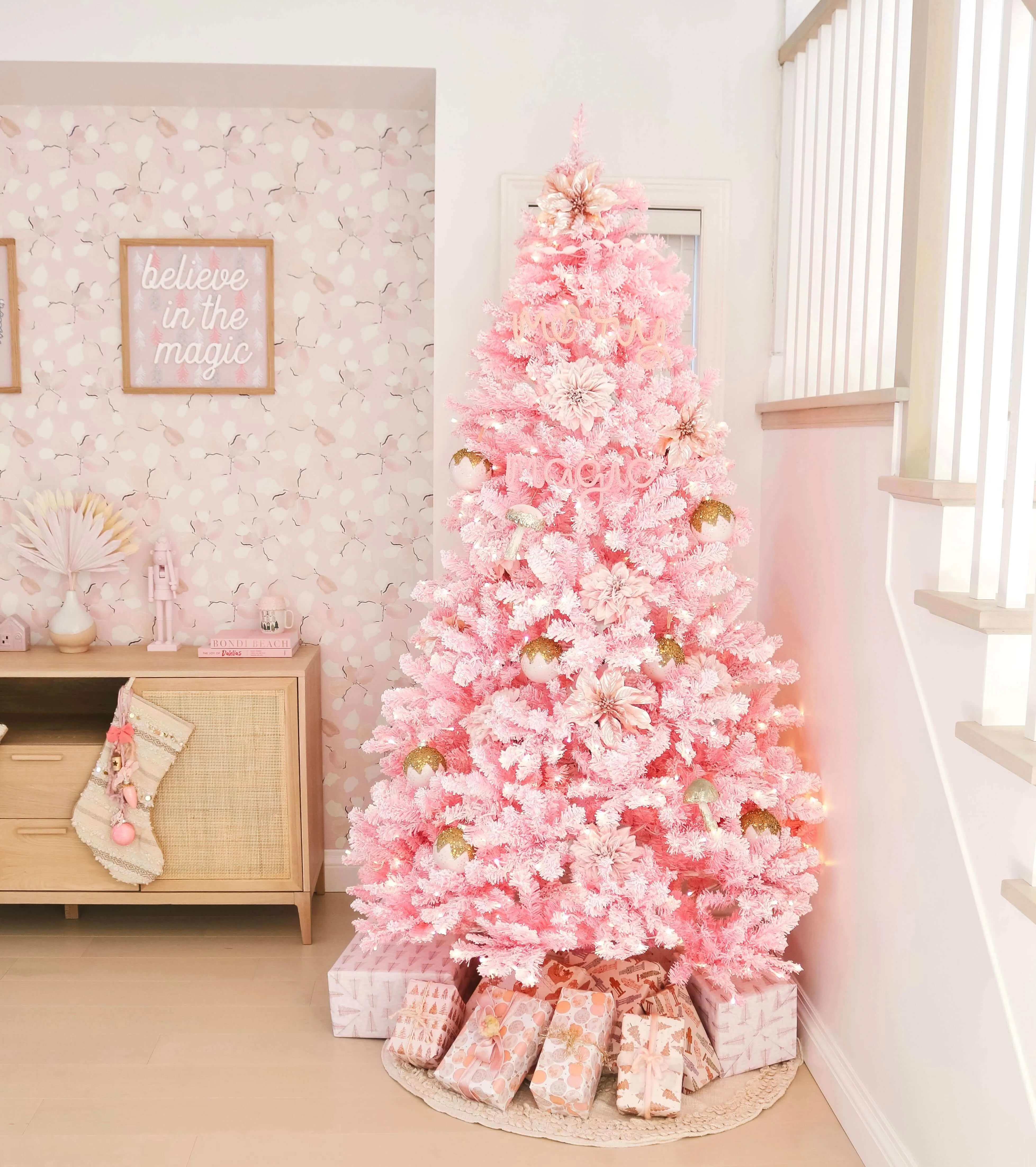 7.5' Duchess Pink Flock Artificial Christmas Tree with 600 Warm White LED Lights