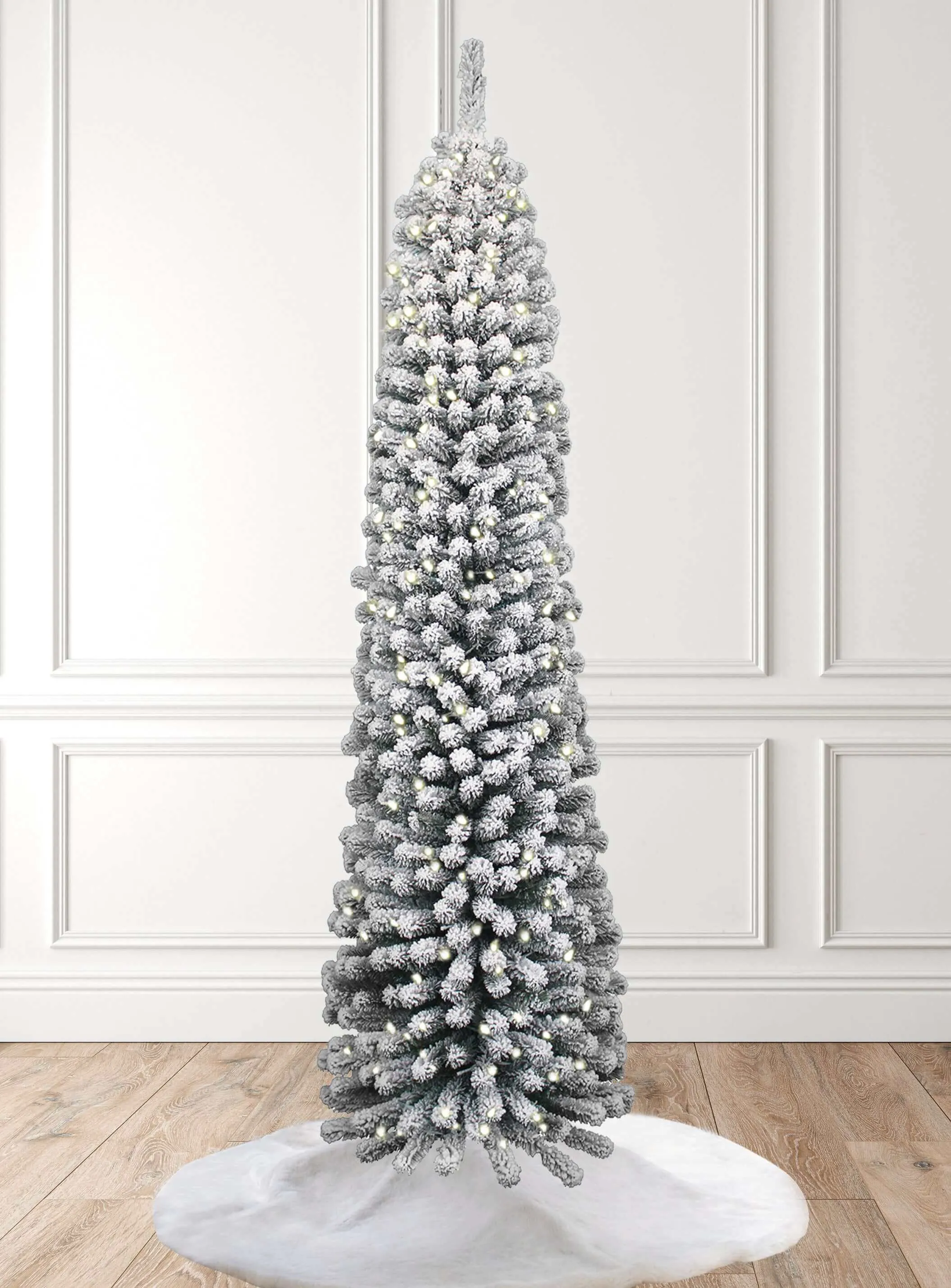 8' Prince Flock® Pencil Artificial Christmas Tree with 500 Warm White LED Lights