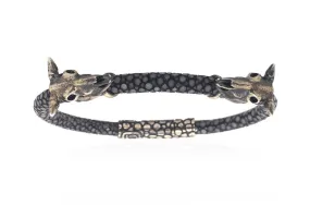 Bracelet LivingSkull Men Stingray Leather & Two Silver Bull Skulls