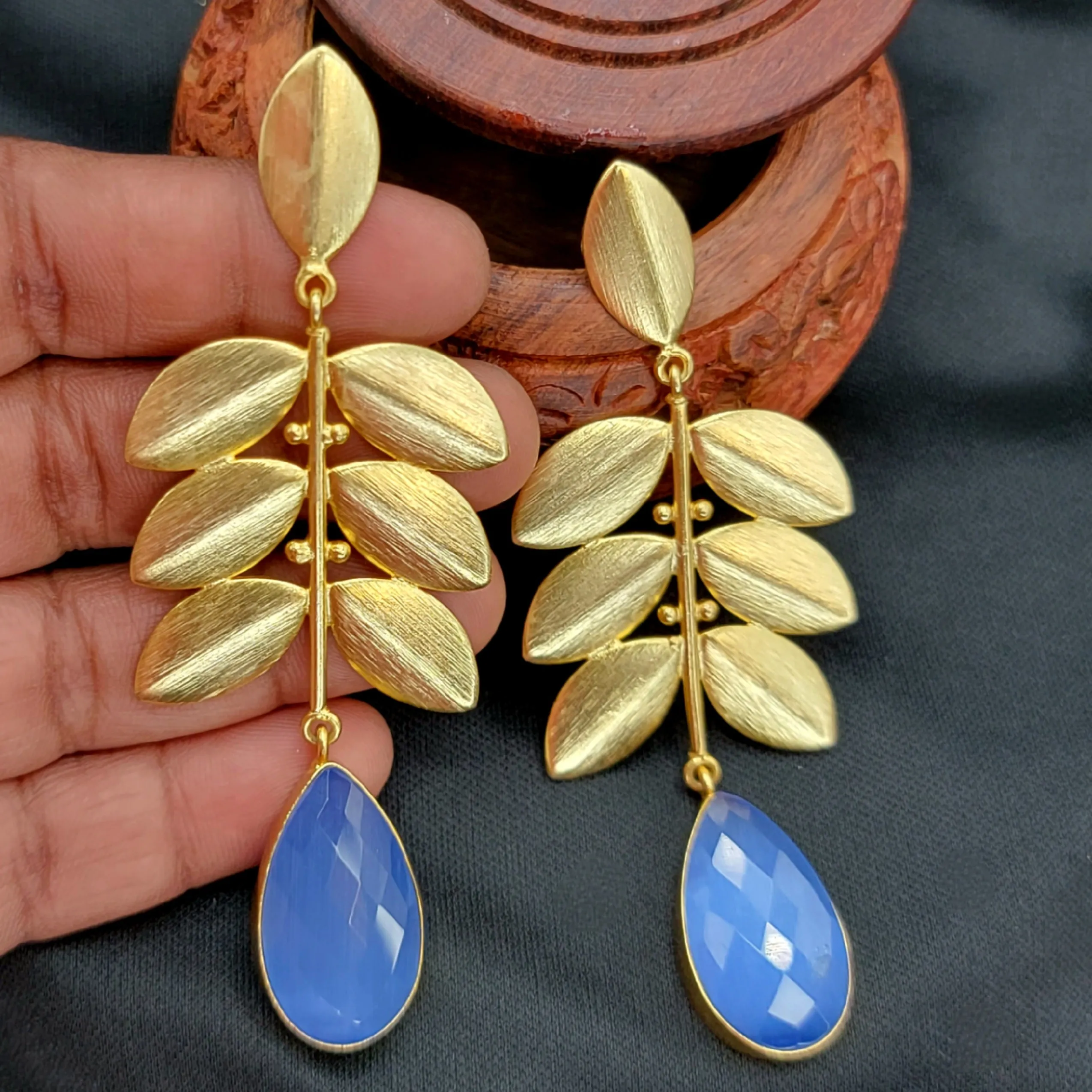 Contemporary Amrapali Style Blue & Gold Leaf Earring