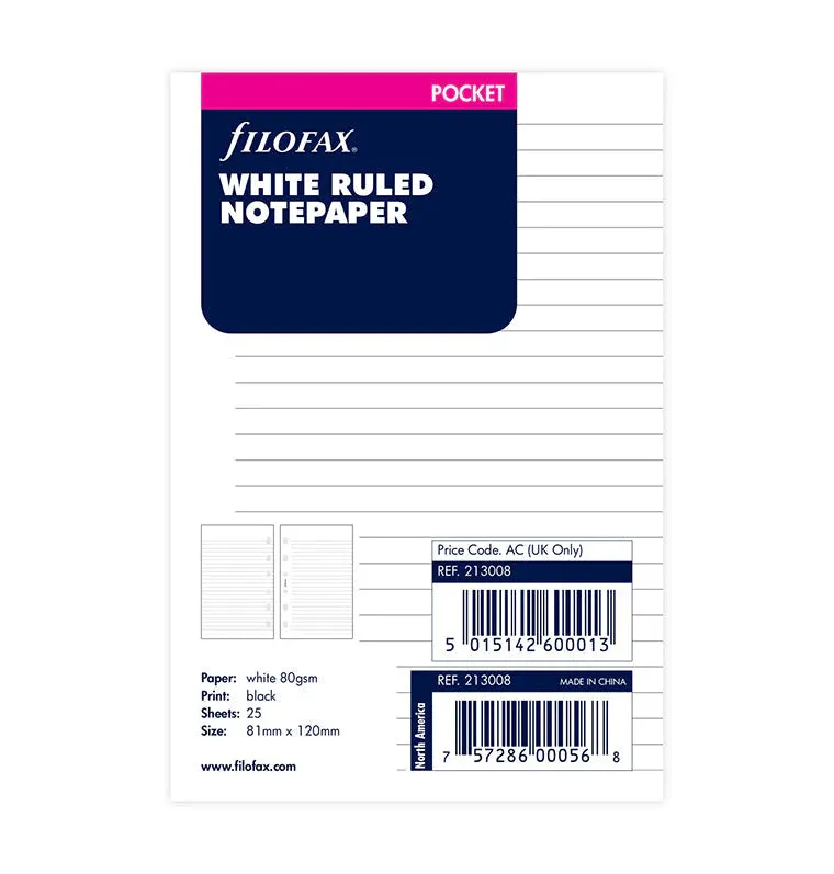 Filofax Refill - Pocket White Ruled Sheets