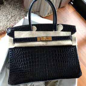 Hermès Birkin 30 Bleu Marine Crocodile Porosus Lisse Gold Hardware GHW