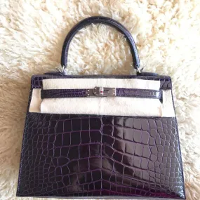 Hermès Kelly 25 Aubergine Sellier Alligator Mississippi Lisse Palladium Hardware PHW