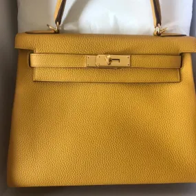 Hermès Kelly 28 Jaune Ambre Togo Gold Hardware GHW