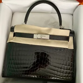 Hermès Kelly 28 Noir (Black) Sellier Crocodile Niloticus Lisse Palladium Hardware PHW