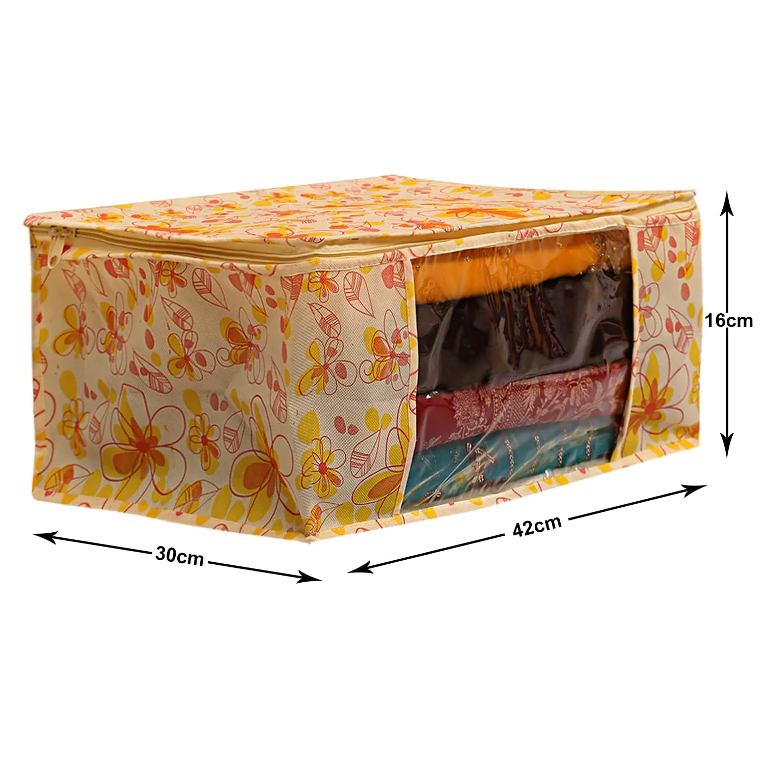 Kuber Industries Flower Design Non-woven Foldable Saree Cover|Clothes Storage Bag|Wardrobe Organizer With Transparent Window|Pack of 3 (Yellow)