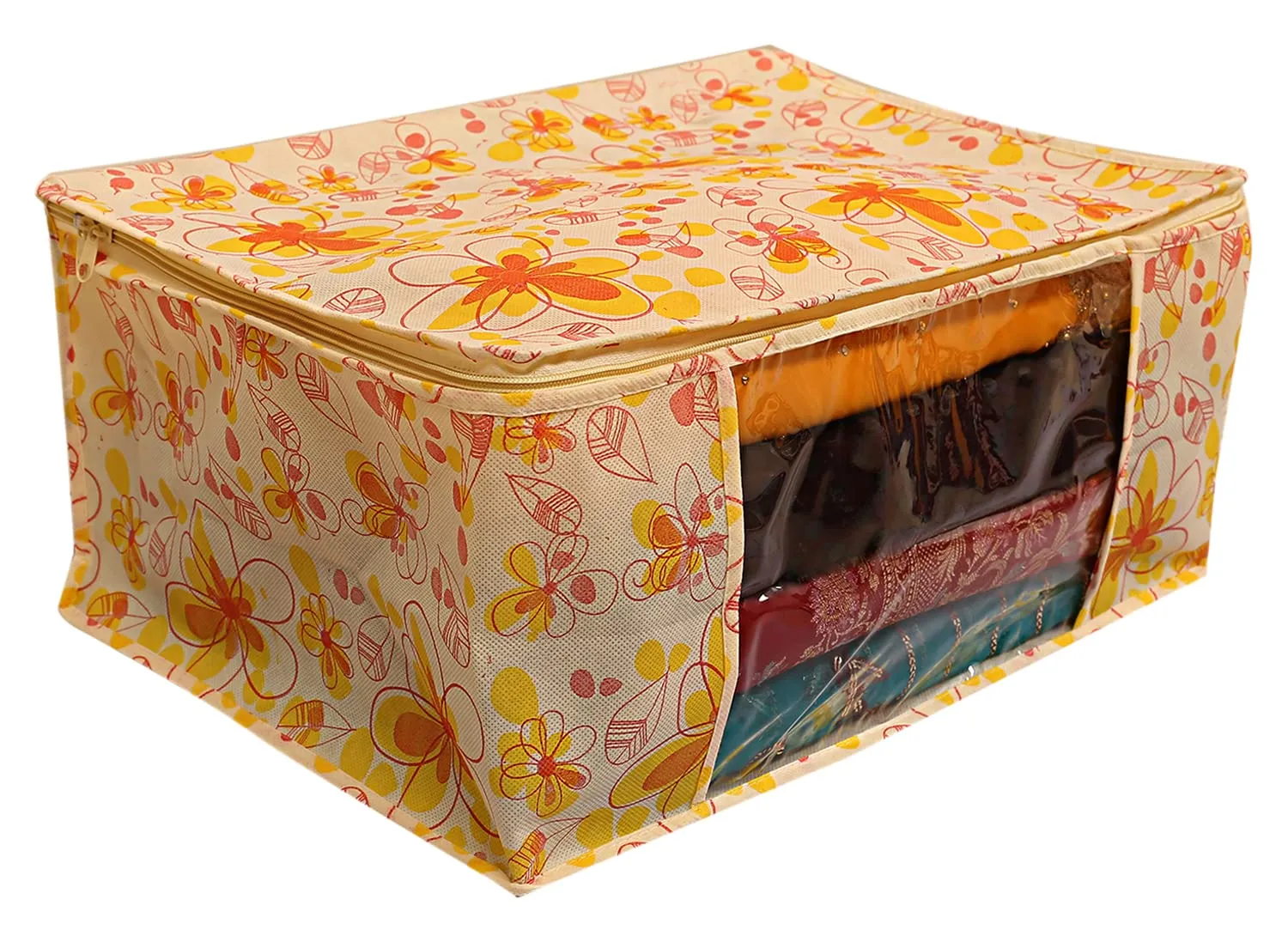 Kuber Industries Flower Design Non-woven Foldable Saree Cover|Clothes Storage Bag|Wardrobe Organizer With Transparent Window|Pack of 3 (Yellow)