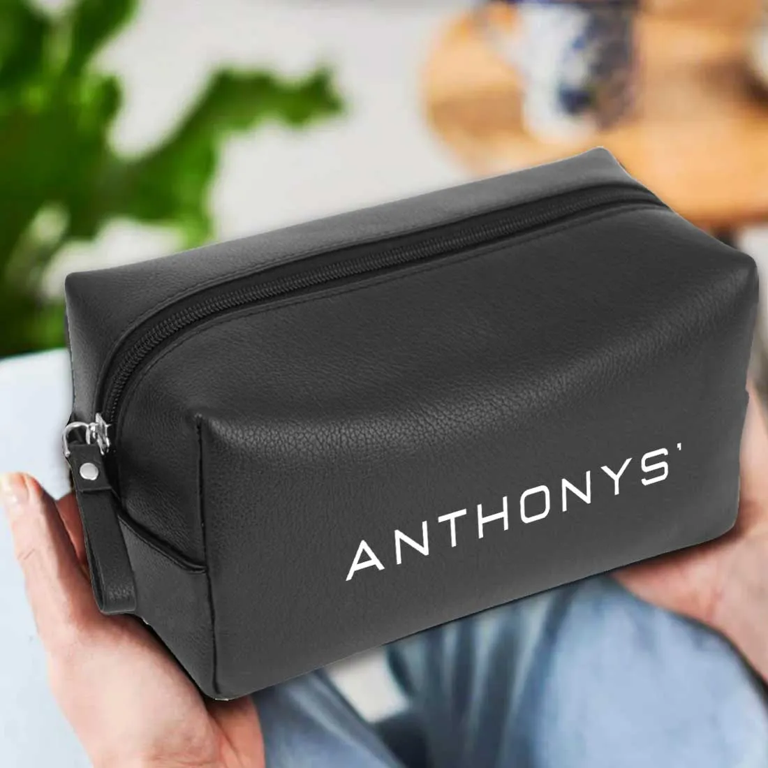 Male Toiletries Bag with Name - Faux Leather Black Travel Pouch