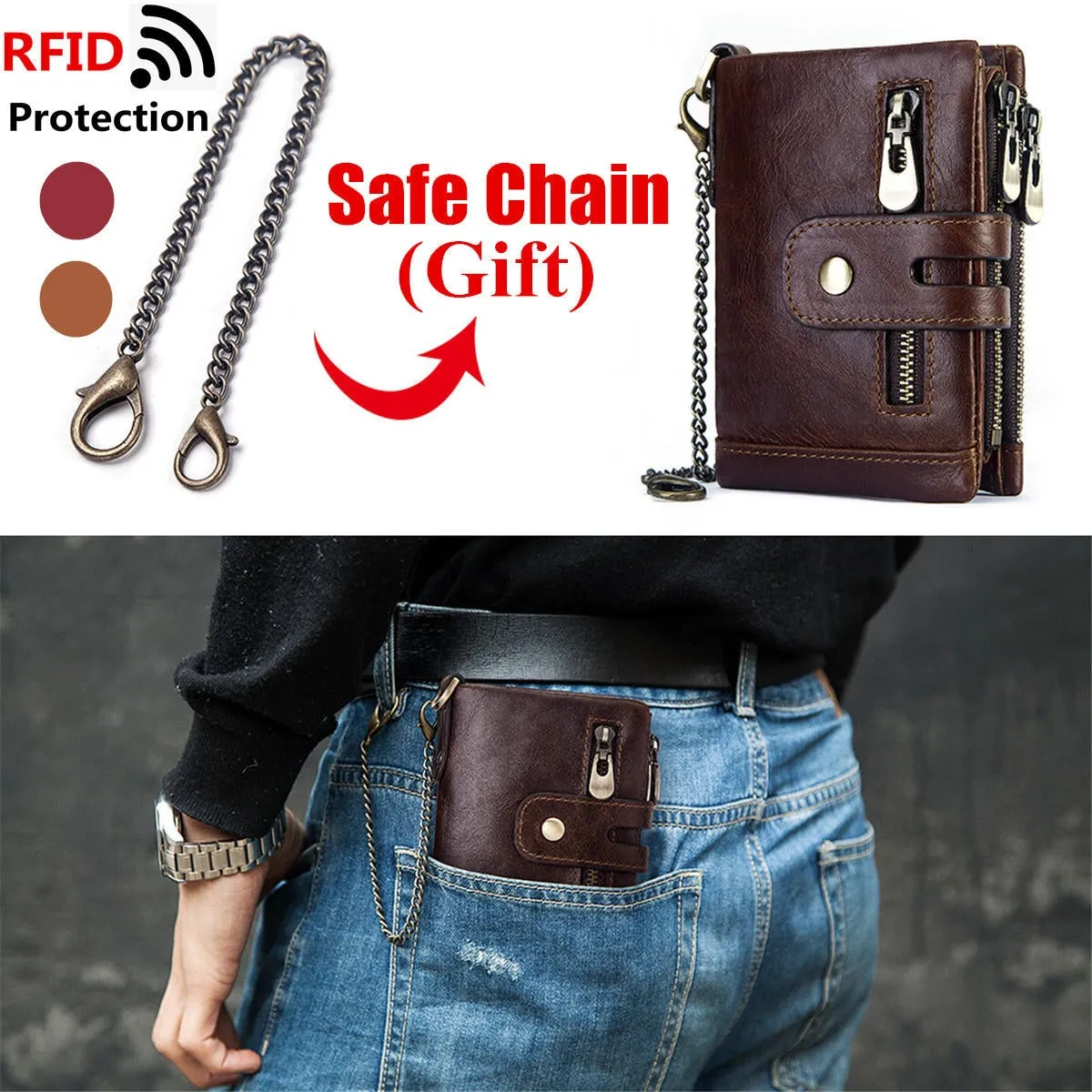 Men Genuine Leather Wallet RFID Anti-theft Short Zip Coin Hold Biker Chain Purse