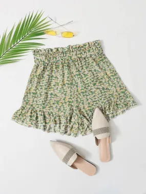 Paperbag Waist Ruffle Hem Ditsy Floral Shorts