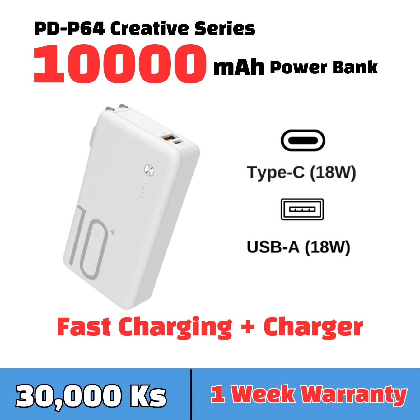 PRODA PD-P64 10000mAh CREATIVE SERIES 18W PD QC FAST CHARGING POWER BANK - White