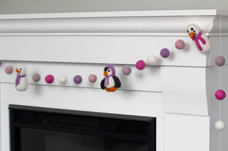 Snowman & Penguin Christmas Garland- Pink & Purple