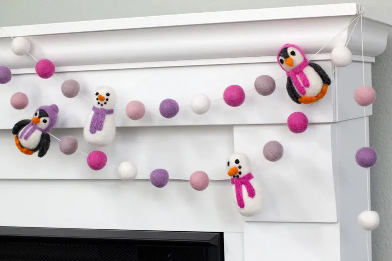 Snowman & Penguin Christmas Garland- Pink & Purple