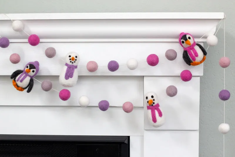 Snowman & Penguin Christmas Garland- Pink & Purple