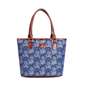 THE CLOWNFISH Justina Tapestry Fabric & Faux Leather Handbag for Women Office Bag Ladies Shoulder Bag Tote For Women College Girls (Blue-Floral)