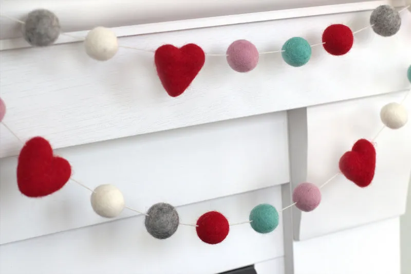 Valentine's Day Felt Ball & Heart Garland- Red, Turquoise, Gray, Baby Pink