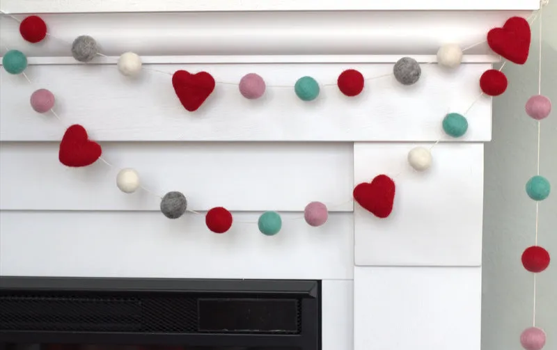 Valentine's Day Felt Ball & Heart Garland- Red, Turquoise, Gray, Baby Pink